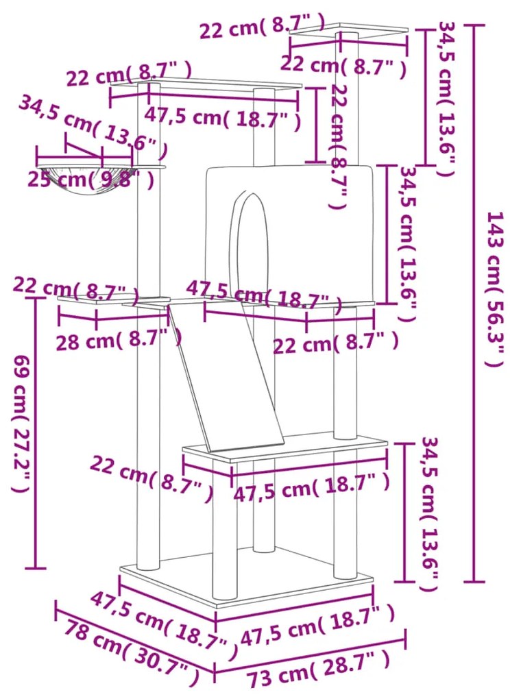 Árvore p/ gatos c/ postes arranhadores sisal 143 cm cinza-claro