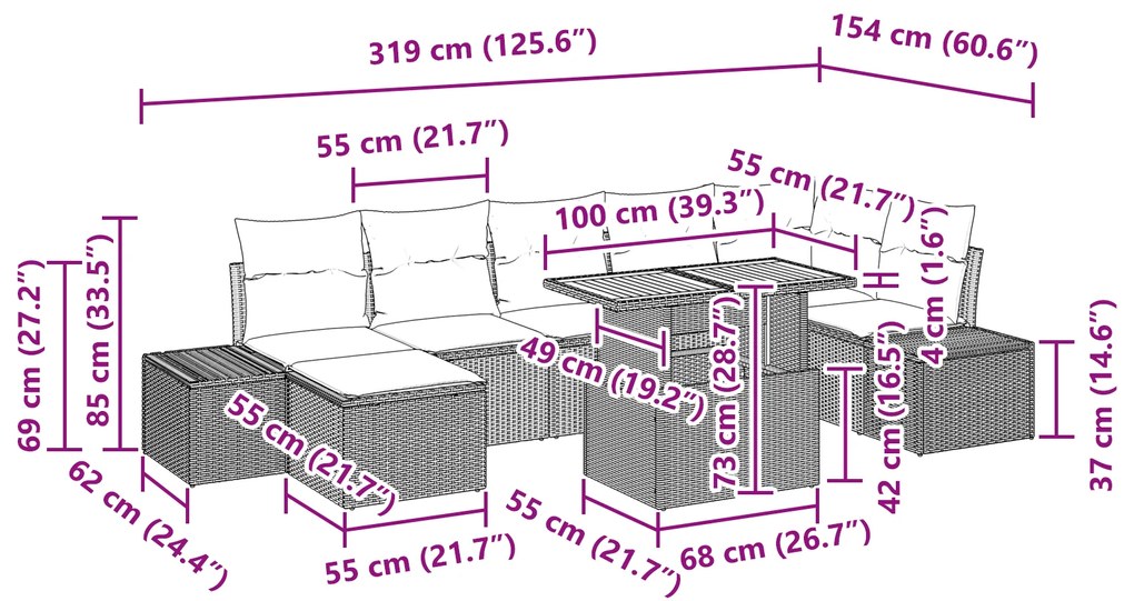 Conjunto de Jantar Jardim 8 Peças com Almofadas Preto Rattan Poliéster