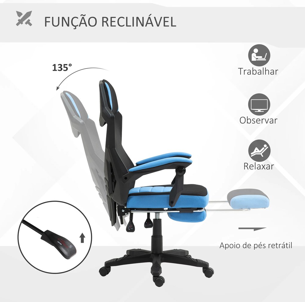 Cadeira de Escritório Ajustável em Altura Cadeira para Secretária Giratória de 360° Reclinável até 135° 58x72x108-118 cm Azul