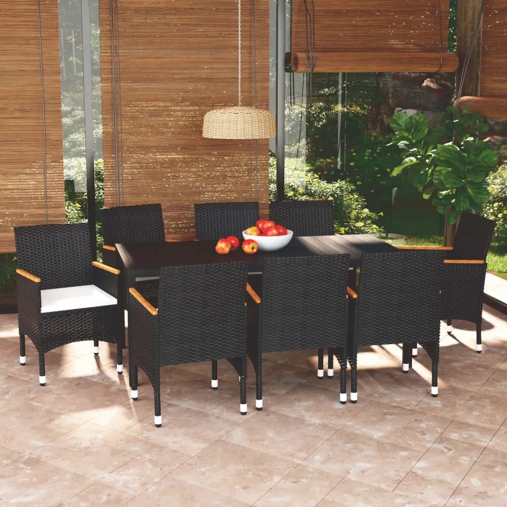 vidaXL 9 pcs conjunto de jantar p/ jardim c/ almofadões vime PE preto