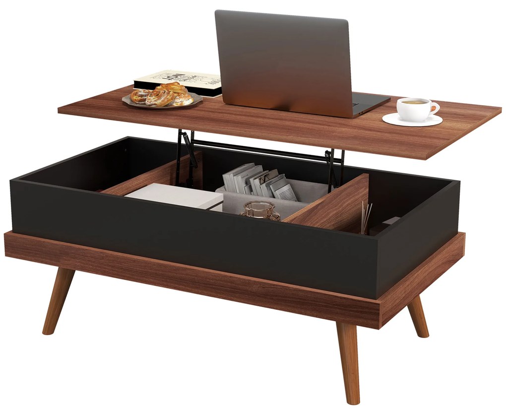 Mesa de Centro Elevatória com 3 Compartimentos de Armazenamento Ocultos e Pés de Madeira 100x79x54 cm Castanha e Preto
