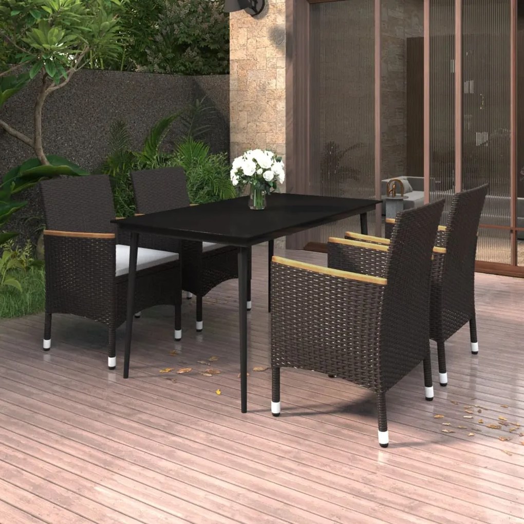 vidaXL 5 pcs conjunto de jantar p/ jardim c/ almofadões vime PE/vidro