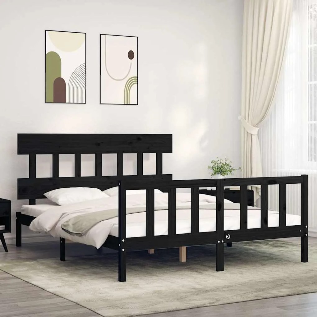 vidaXL Estrutura de cama King Size com cabeceira madeira maciça preto