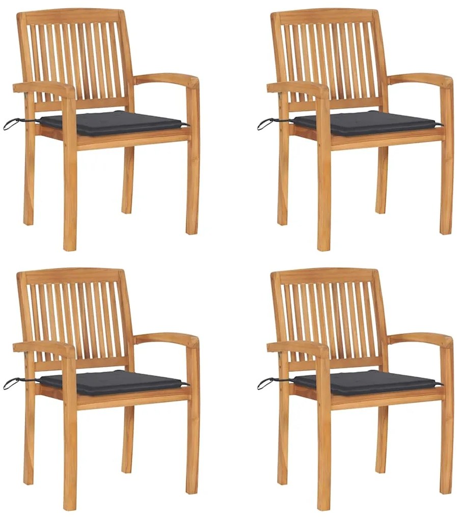 vidaXL Cadeiras de jardim empiháveis c/ almofadões 4 pcs teca maciça