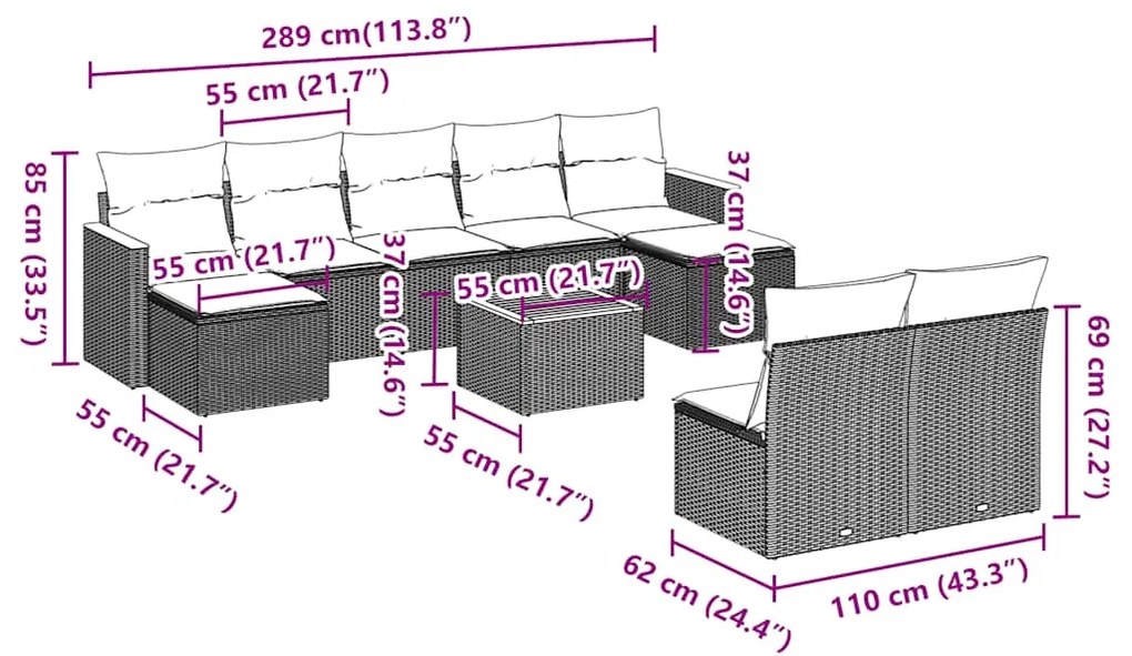 10 pcs conjunto sofás de jardim c/ almofadões vime PE preto