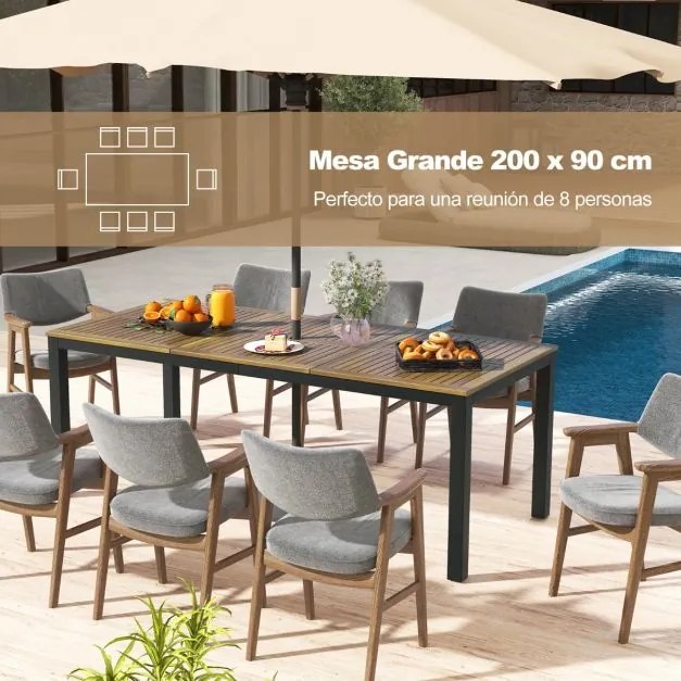 Mesa de jantar de Jardim para 8 pessoas de madeira de acácia 200 x 90 x 75 cm com furo para guarda-sol Pernas de metal Natural e preto