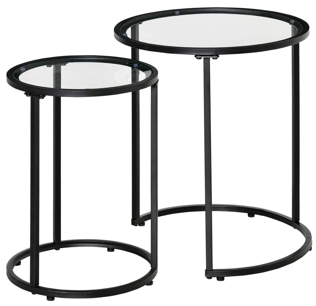 HOMCOM Conjunto de 2 Mesas Auxiliares com Estrutura de Metal e Bancada de Vidro Ø50x58 cm e Ø37x51 cm Preto