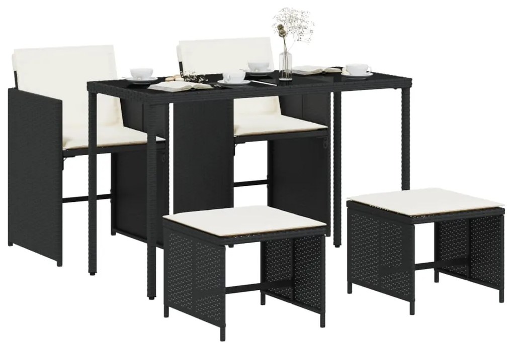 5 pcs conjunto de jantar p/ jardim c/ almofadões vime PE preto