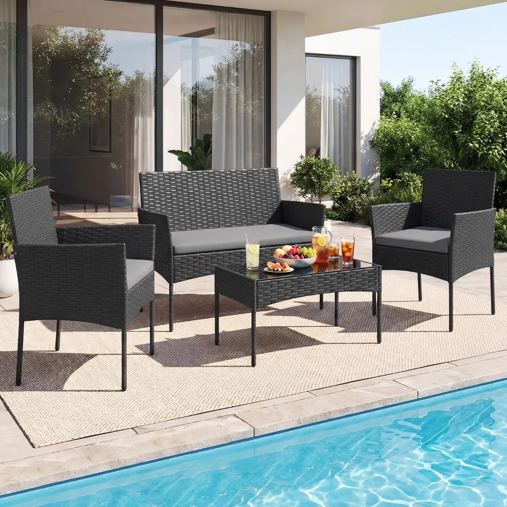 Conjunto de jardim em rattan de 4 peças, com 2 poltronas, sofá de 2 lugares, mesa auxiliar e almofadas de espuma, para alpendre, pátio ou terraço, Pre