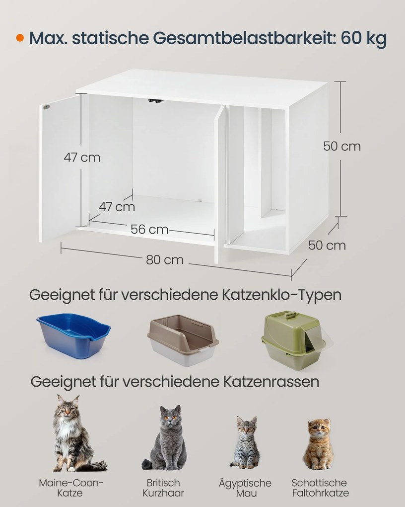 Armário para caixa de areia gatos com portas de abertura fácil para gatos grandes 80 x 50 x 50 cm Branca
