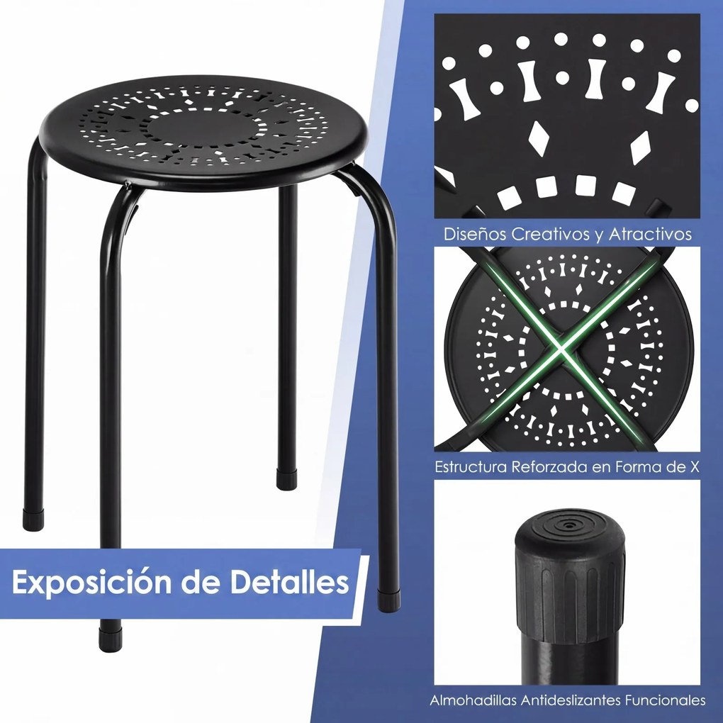 Conjunto de 6 Bancos Empilháveis, 30 x 30 x 44,5 cm, Estrutura Metálica Resistente, Preto