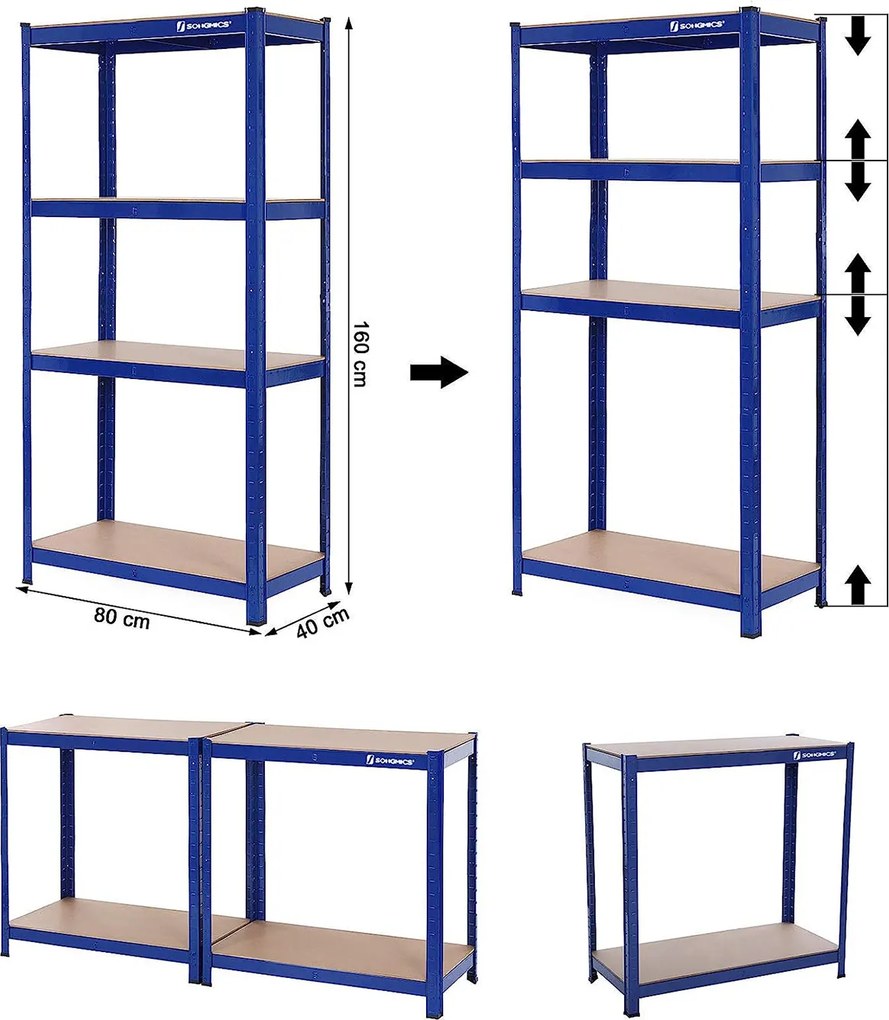 Estante de arrumação garagens, escritorio, arrumos cargas até 520 kg, 160 x 80 x 40 cm Azul