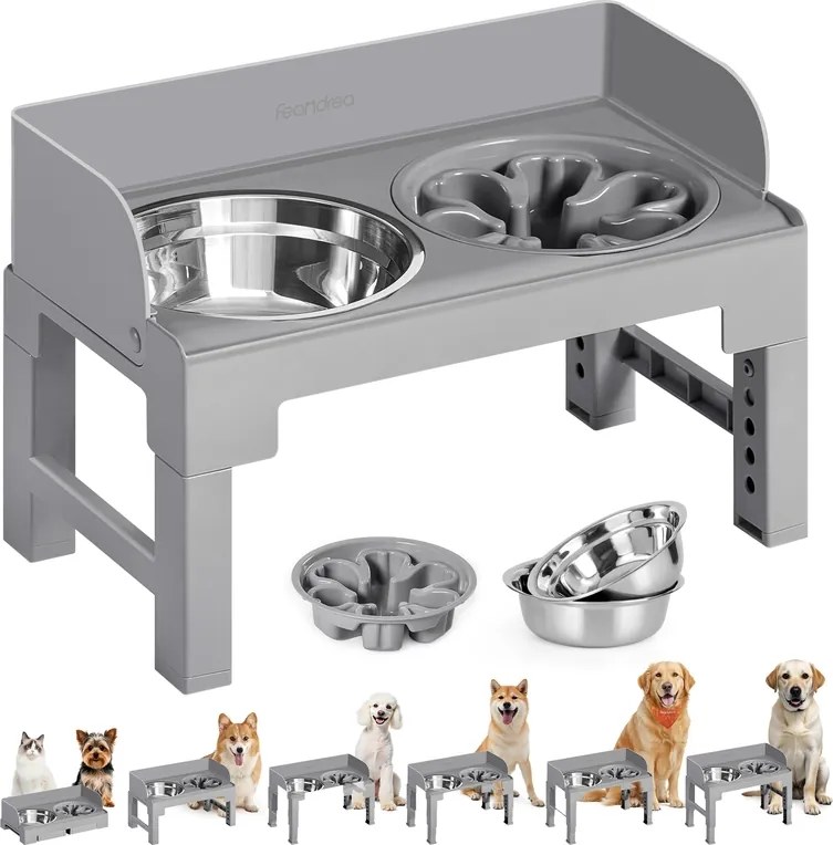 Comedouro elevado para cães com suporte ajustável 42,5 x 24 x (28,5-36,5) cinzento