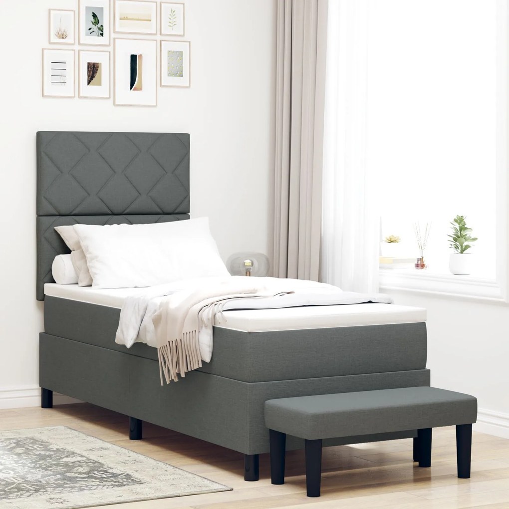 Cama Box Spring com Colchão e Banco Cinza Escuro 80x200 cm Tecido