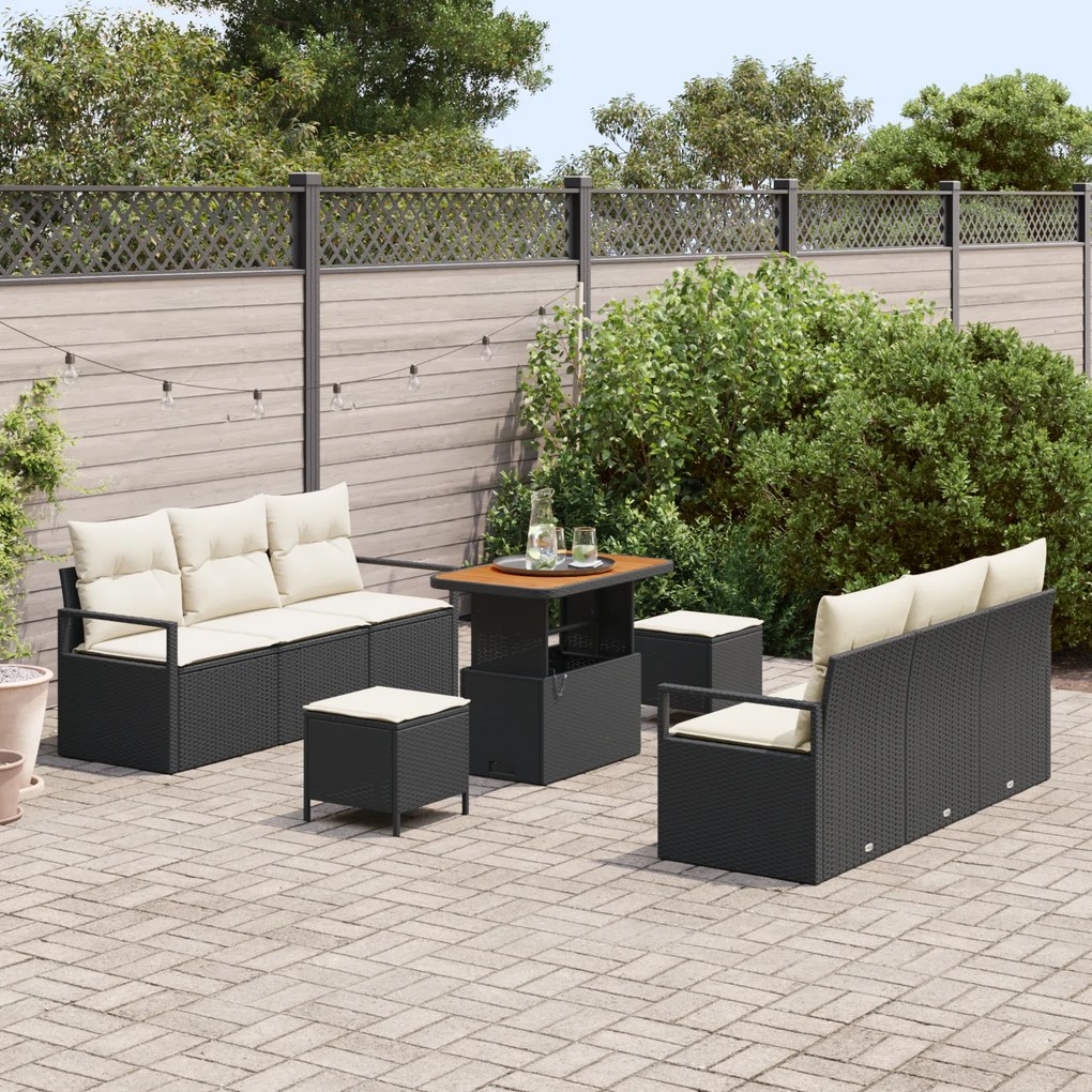Conjunto de Sofá de Jardim vidaXL 9 Peças com Almofadas Preto Rattan P