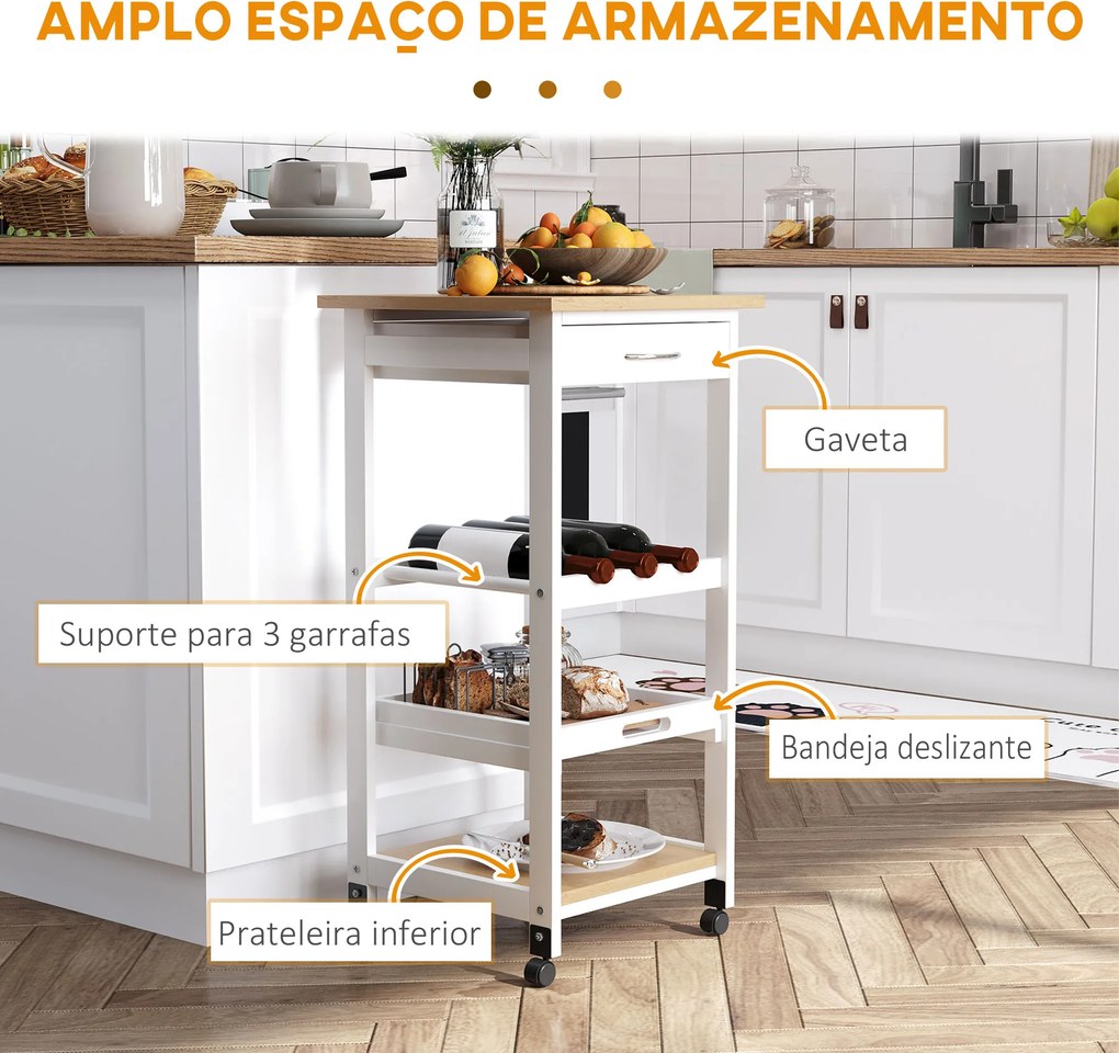 Carrinho de Cozinha com 4 Níveis com Rodas Prateleira Gaveta Bandeja 37x37x76 cm Branco