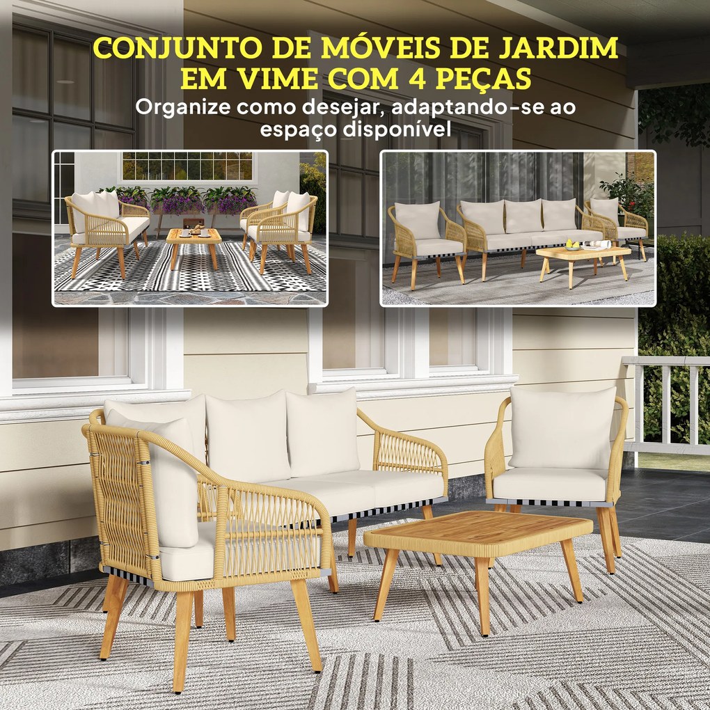 Conjunto de Jardim em Vime com Almofadas Móveis de Exterior com 2 Poltronas Sofá de 3 Lugares Mesa Creme e Madeira