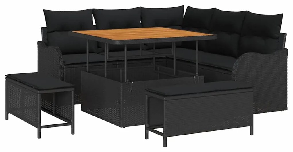Conjunto de Sofá de Jardim com 8 Peças, Almofadas Pretas, Poli Ratan e