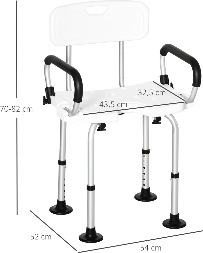 Cadeira para Duche Antiderrapante com Altura Ajustável de 6 Níveis e Apoio para os Braços Regulável 54x52x70-82cm Branco