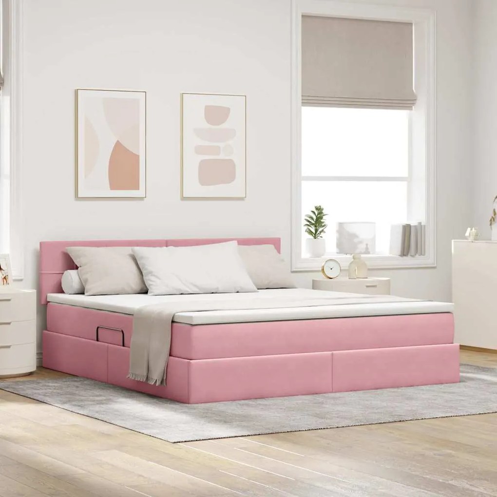 vidaXL Cama com arrumação e LED com colchão Rosa 160 x 200 cm Veludo