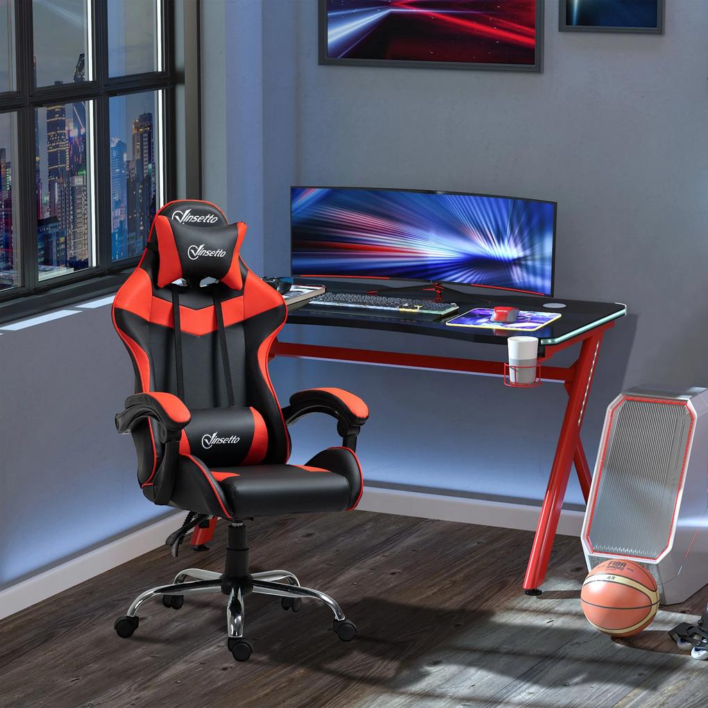 Vinsetto Cadeira Gaming Ergonômica Cadeira para Videojogos Reclinável com Altura Regulável Apoio para a Cabeça e Almofada Lombar 63x67x119-127cm Vermelho e Preto