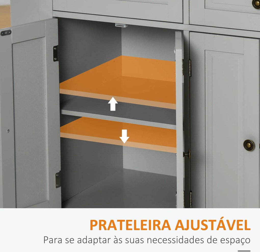 Carrinho Ilha de Cozinha com Rodas 2 Gavetas 4 Portas Suporte para Temperos e Barra Lateral 111x44,5x82,5 cm Cinzento e Madeira