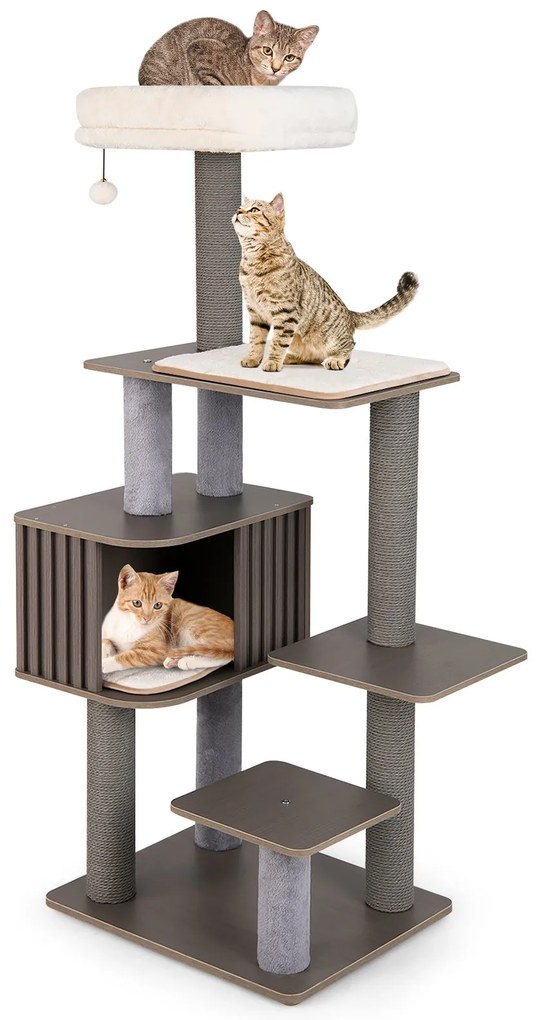 Arranhador de 151cm com caverna para gatos, postes para arranhar, bola e almofadas removíveis