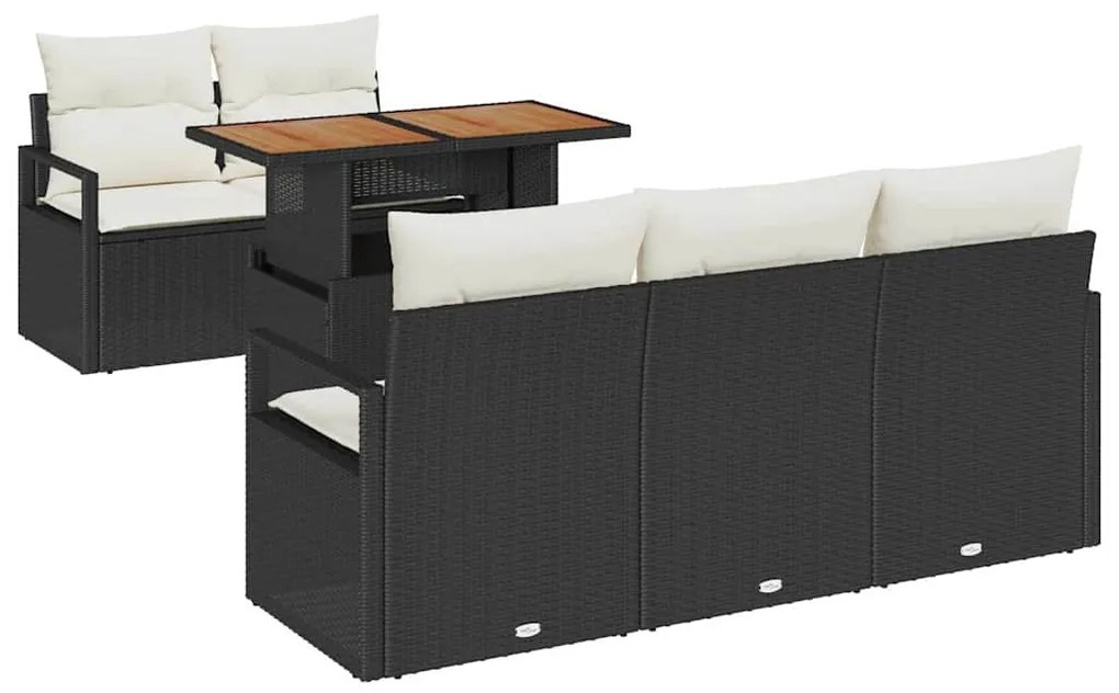 Conjunto de Sofá de Jardim com 6 Peças e Almofadas Preto Rattan Poly e