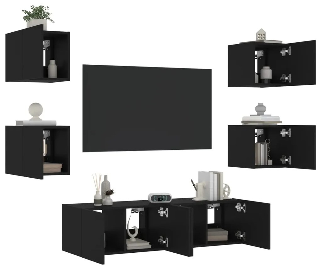 vidaXL 6 pcs móveis de parede p/ TV c/ LEDs derivados de madeira preto