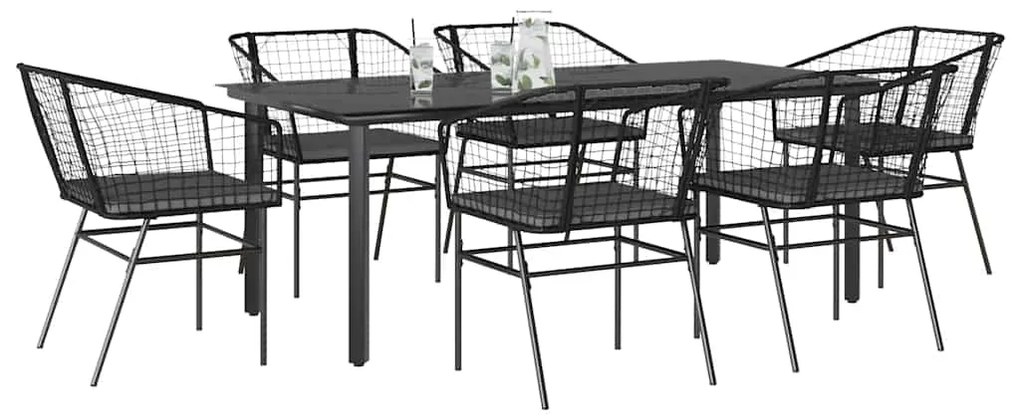 Conjunto de jantar jardim 7 peças almofadas vidro vime PE preto
