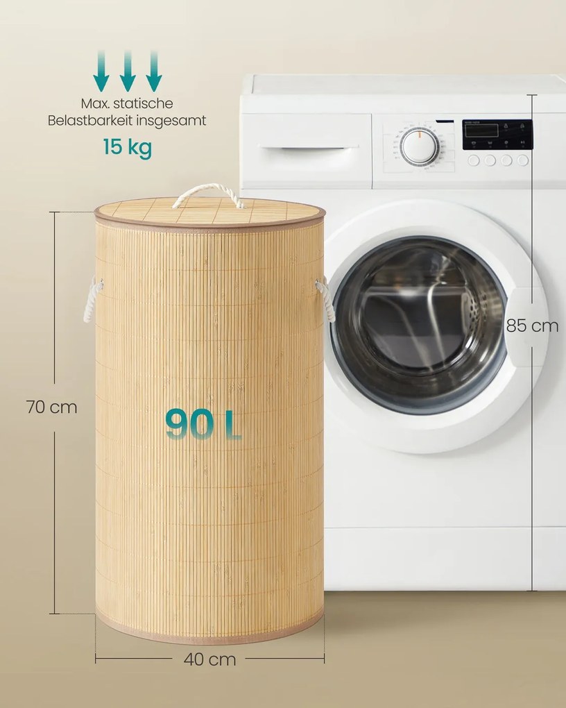 Cesto da roupa suja com tampa 90 L em bambu redondo, cor natural