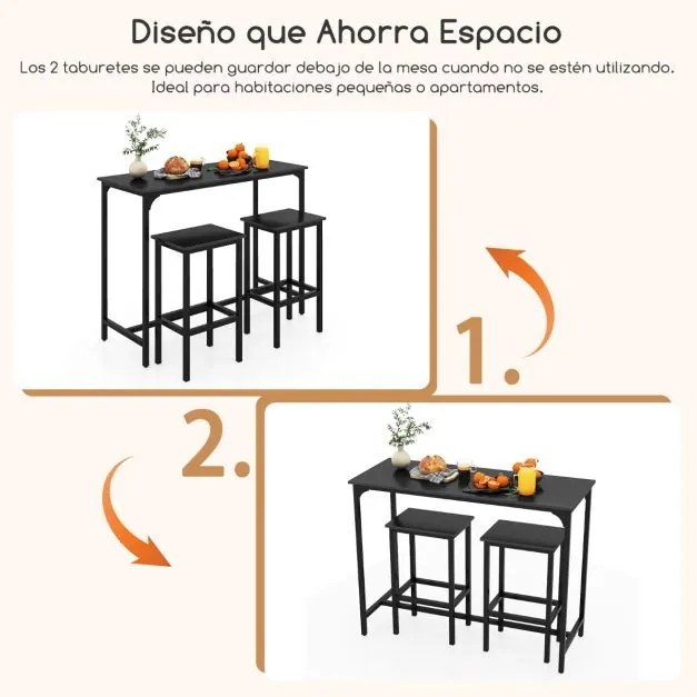 Conjunto de cozinha ou bar de 3 peças Mesa de bar com 2 bancos de bar Preto