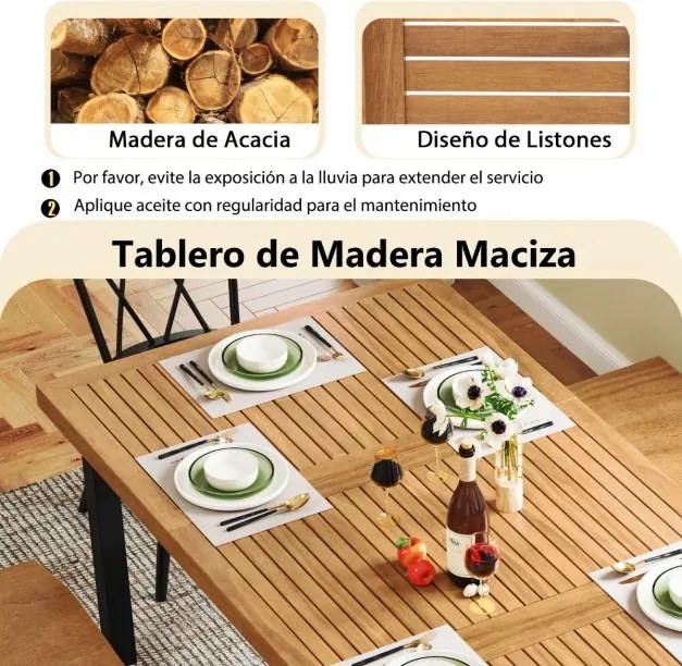Mesa de jantar para jardim para 8 pessoas com orifício para guarda-sol e pernas de metal 200 x 100 x 75 cm Natural