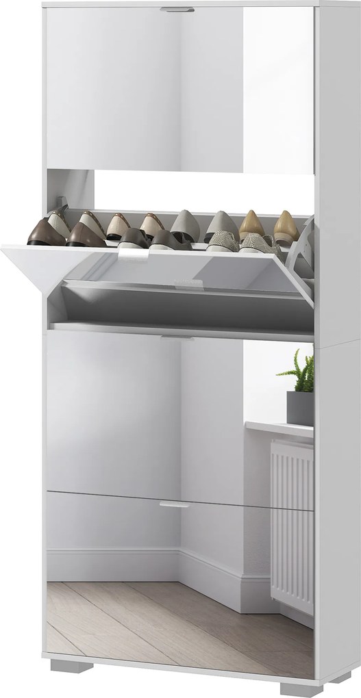 Sapateira 2 em 1 com frentes espelhadas 76 x 26 x 168  cm, 4 portas basculantes, prateleiras ajustáveis, capacidade para até 24 pares, branco