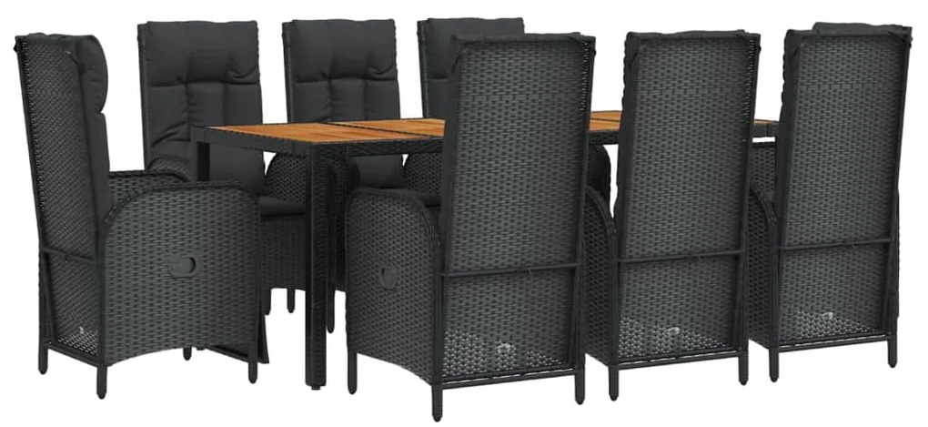 9 pcs conjunto de jantar p/ jardim c/ almofadões vime PE preto