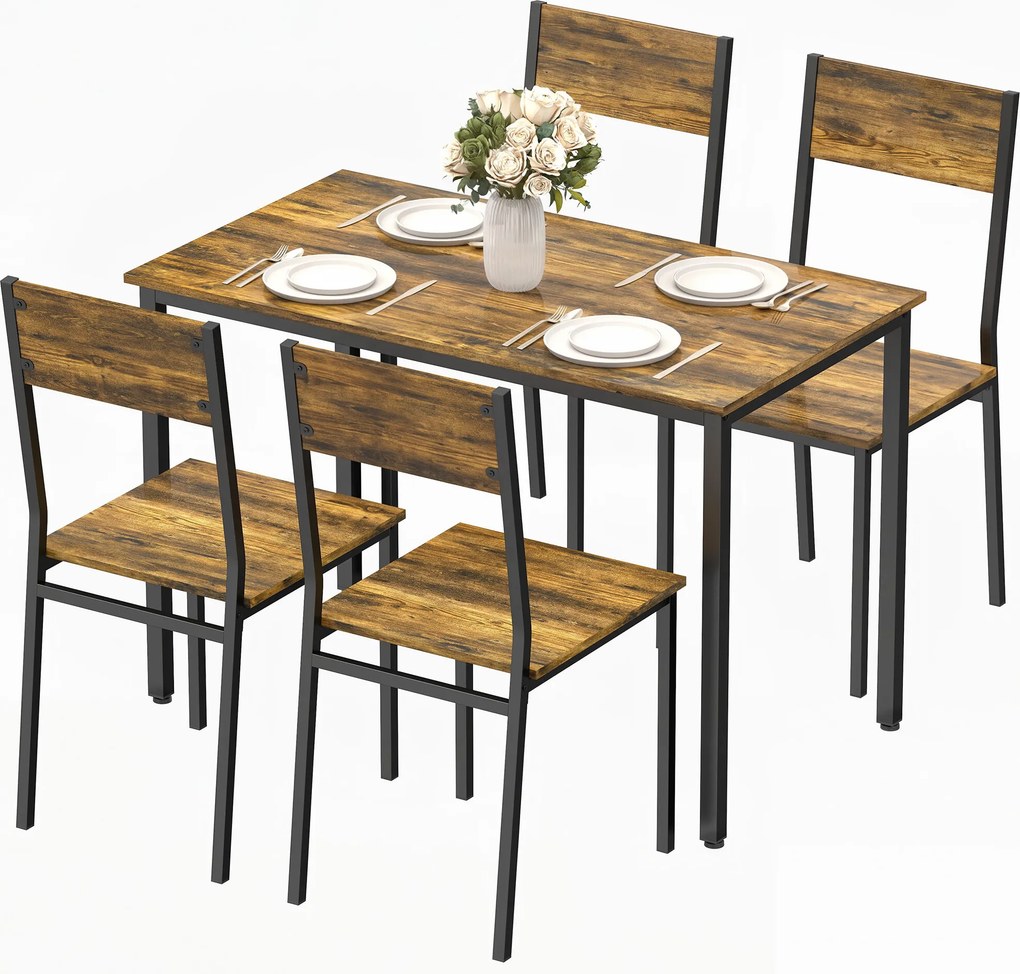 Conjunto de mesa de jantar com 4 cadeiras, mesa de cozinha com cadeiras para 4 pessoas, pés em metal, castanho rústico
