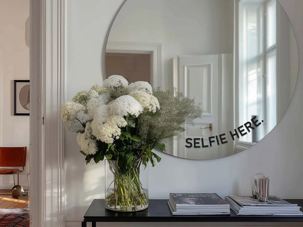 Autocolante para espelho S49 – SELFIE HERE. (round)