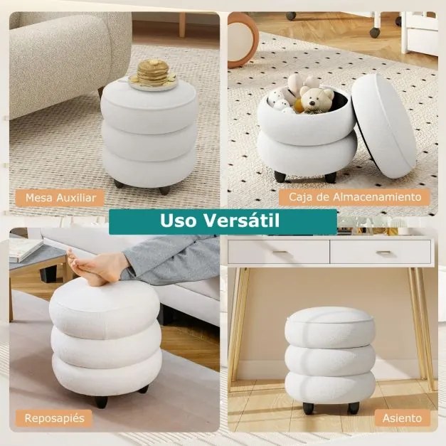 Pufe Redondo Moderna de Chenille com Tampa Removível e com arrumação e Pernas de Madeira de Borracha Versátil Assento Acolchoado Branco