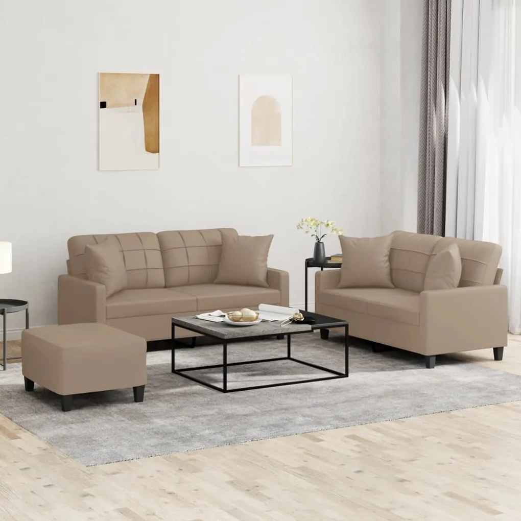 vidaXL 3 pcs conjunto sofás c/ almofadas couro artificial cappuccino