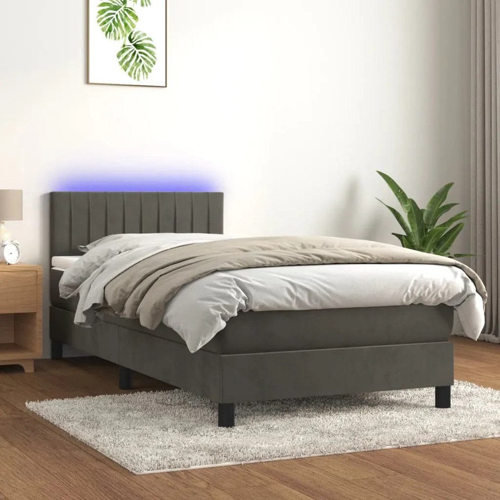 Cama box spring c/ colchão/LED 90x190 cm veludo cinzento-escuro