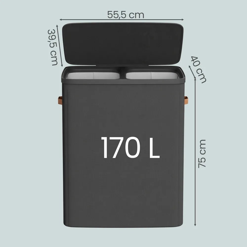 Cesto da roupa suja, cesto de 170 L com 2 compartimentos 56 x 40 x 75 cm, preto