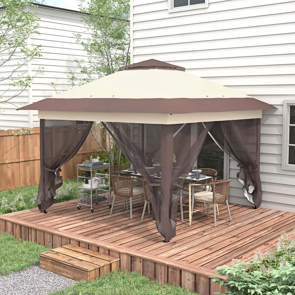Tenda de jardim pop-up 3,64 C x 3,64 L x 2,98 A m dobrável em aço e poliéster com redes mosquiteiras + saco de transporte com rodas em cáqui e castanh
