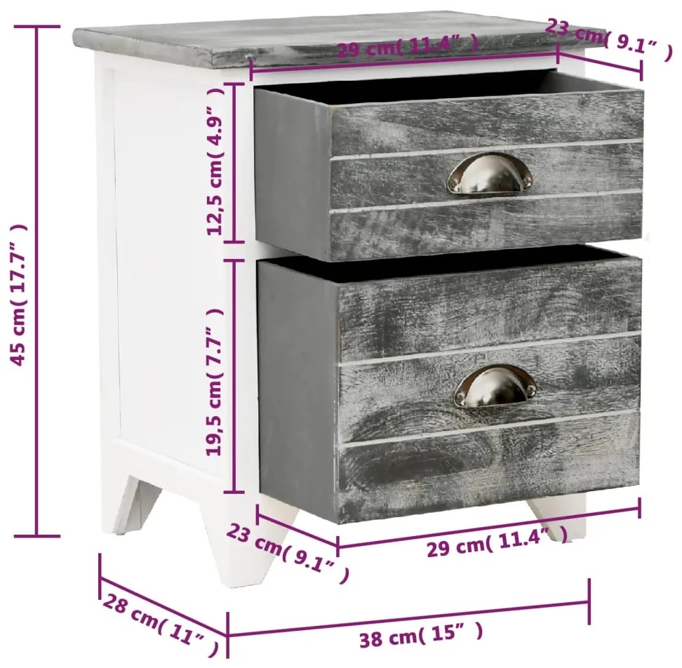 Mesa-de-cabeceira 38x28x45 cm madeira paulownia cinzento/branco