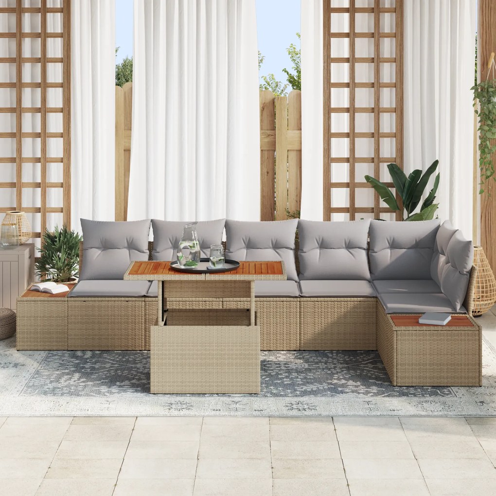 Conjunto de Jantar para Jardim de 7 Peças com Almofadas Bege em Rattan