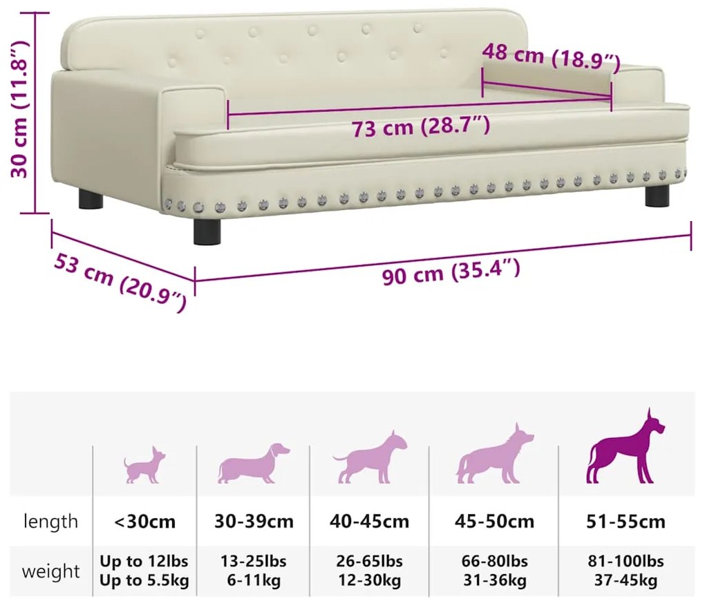 Cama para cães 90x53x30 cm couro artificial cor creme