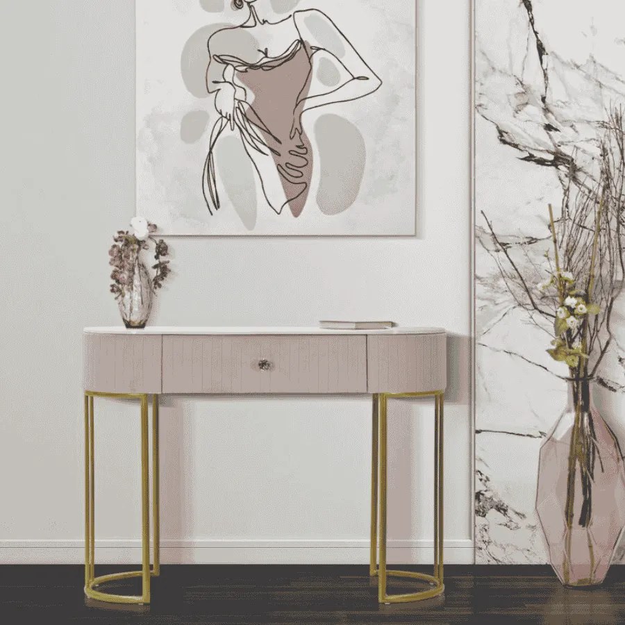 MESA CONSOLA MONTPELLIER 100X40X75 CM ROSA, DOURADO, BRANCO