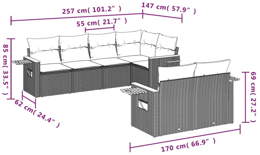 7 pcs conjunto de sofás p/ jardim com almofadões vime PE bege