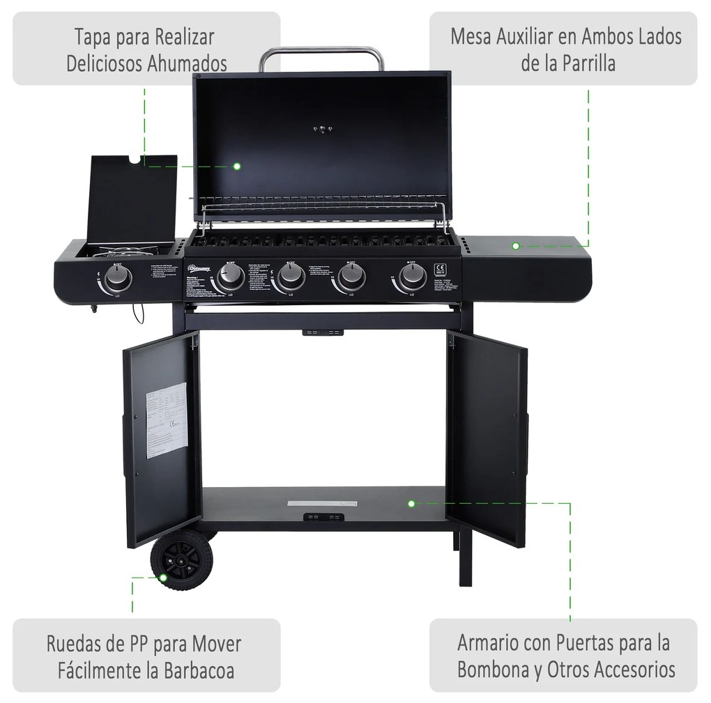 Churrasqueira à Gás com 4+1 Queimadores 14,4KW Mesas Laterais Armário de Armazenamento Termômetro e 2 Rodas Aço Inoxidável 125x51x100cm Preto
