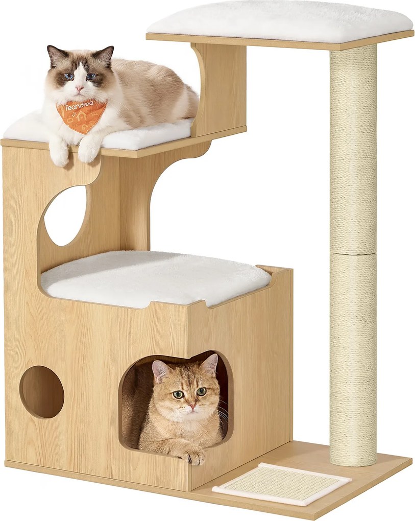 Arranhador Gatos de 88 cm, amarelo amêndoa, com caverna e tapete de sisal amarelo amêndoa