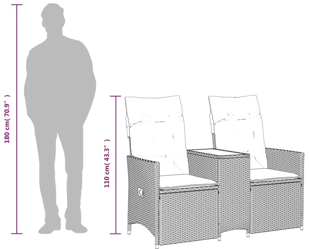 Sofá de jardim reclinável 2 lugares com mesa vime PE cinzento